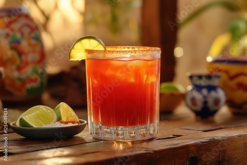 Vibrant Sangrita in Rustic Setting with Citrus, Chili, and Traditional Mexican Ambiance photo