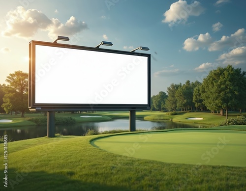 Mockup image of blank billboard with white screen for advertising sponsorship on golf course. Outdoor ad banner at sport event. Marketing background for design. photo