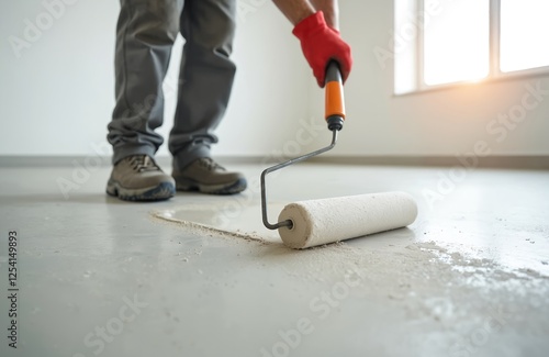 Worker primes concrete floor using roller preparing surface for tiling. Strengthening base for waterproof coating. Man applies primer. Repair service, home renovation concept. photo