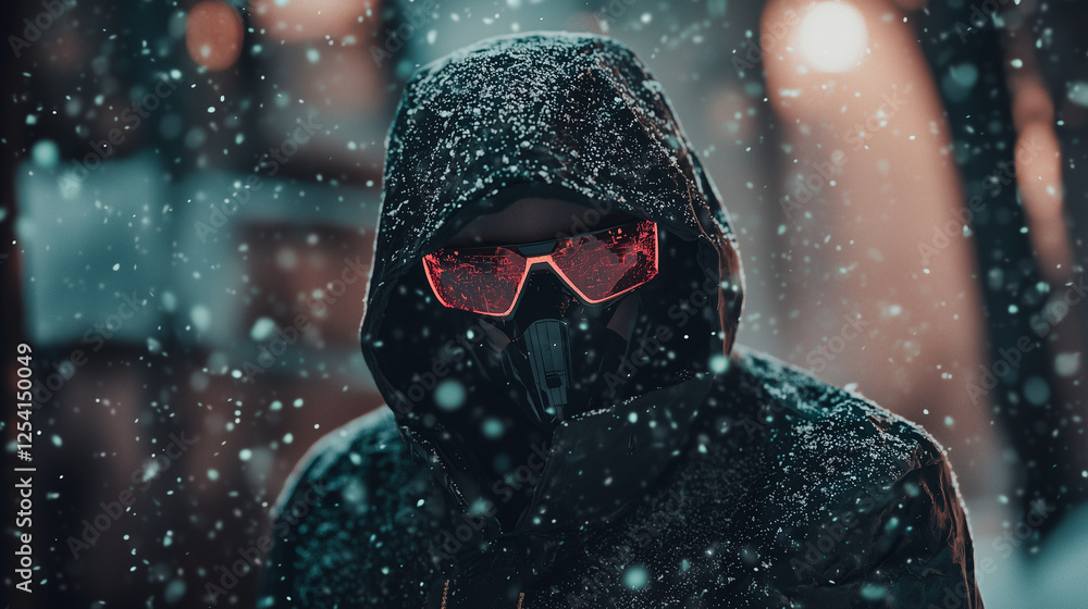 Futuristic figure in hooded jacket with glowing red visor mask standing in falling snow, cyberpunk aesthetic Futuristic figure in hooded jacket with glowing red visor mask standing in falling snow, cyberpunk aesthetic