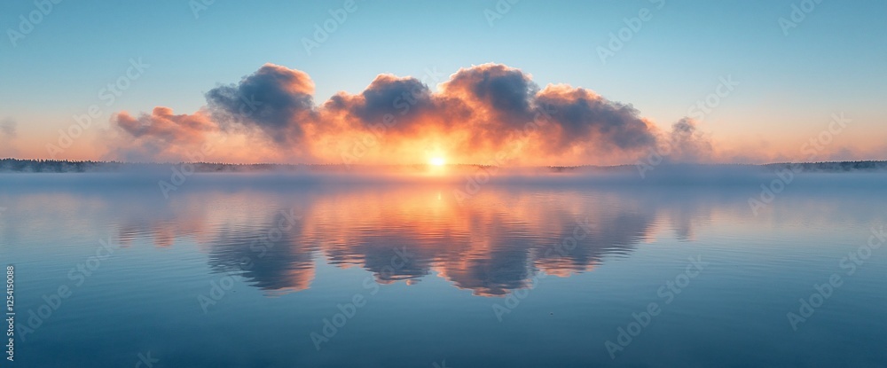 Fototapeta premium Sunrise over calm lake, misty morning, peaceful reflection