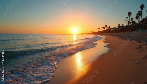 Sunset over beach with ocean waves. Warm sun shines sky. Palm trees stand shoreline. Golden light reflects sand during vacation travel in tropical paradise.
