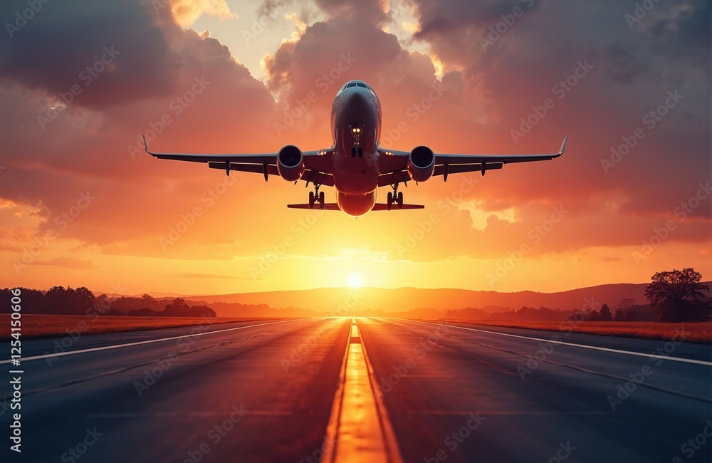 Fototapeta premium Airplane soars into sunset sky. Stunning aerial view of plane taking off at dusk. Aircraft ascends over runway during golden hour. Travel flight transportation.