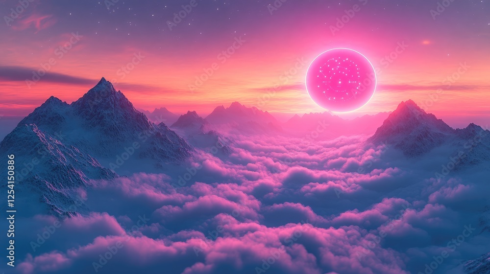 A surreal landscape featuring mountains and a vibrant, glowing sun above the clouds.