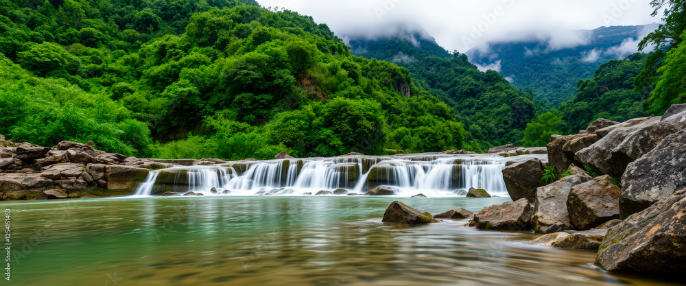 Fototapeta premium Calm waterfall flowing over rocks surrounded by a dense forest, exuding tranquility and natural beauty.
