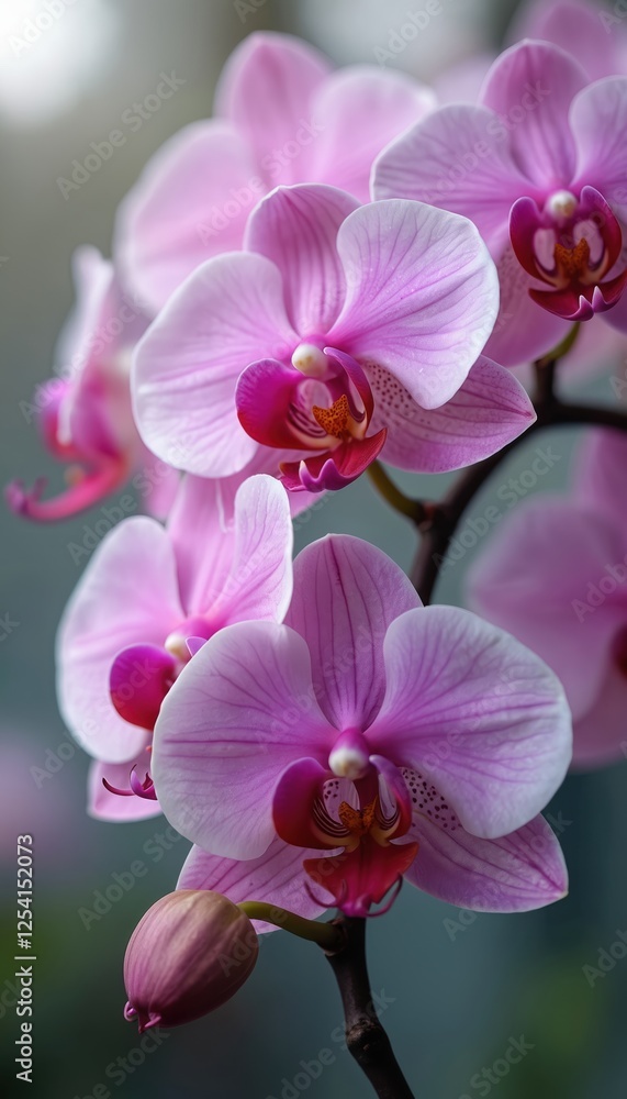 Large orchid flowers on a branch in bloom. Blossom of delicate petals, colors in shades of pink. Fresh floral botany illustration with vibrant spring bloom. Large orchid flowers on a branch in bloom. Blossom of delicate petals, colors in shades of pink. Fresh floral botany illustration with vibrant spring bloom.