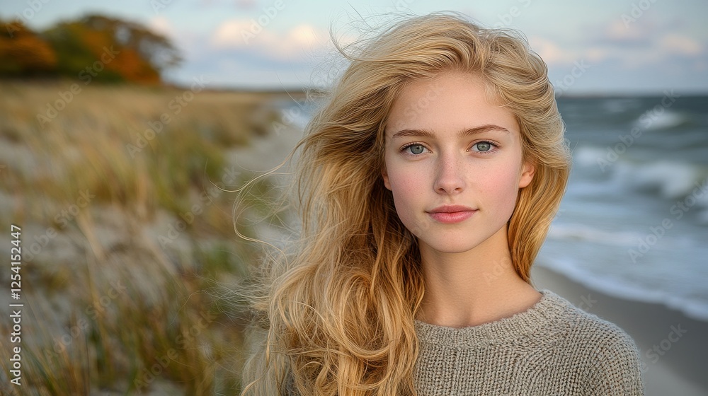 A blonde woman with long hair stands on a beach. She is wearing a sweater and has a smile on her face A blonde woman with long hair stands on a beach. She is wearing a sweater and has a smile on her face