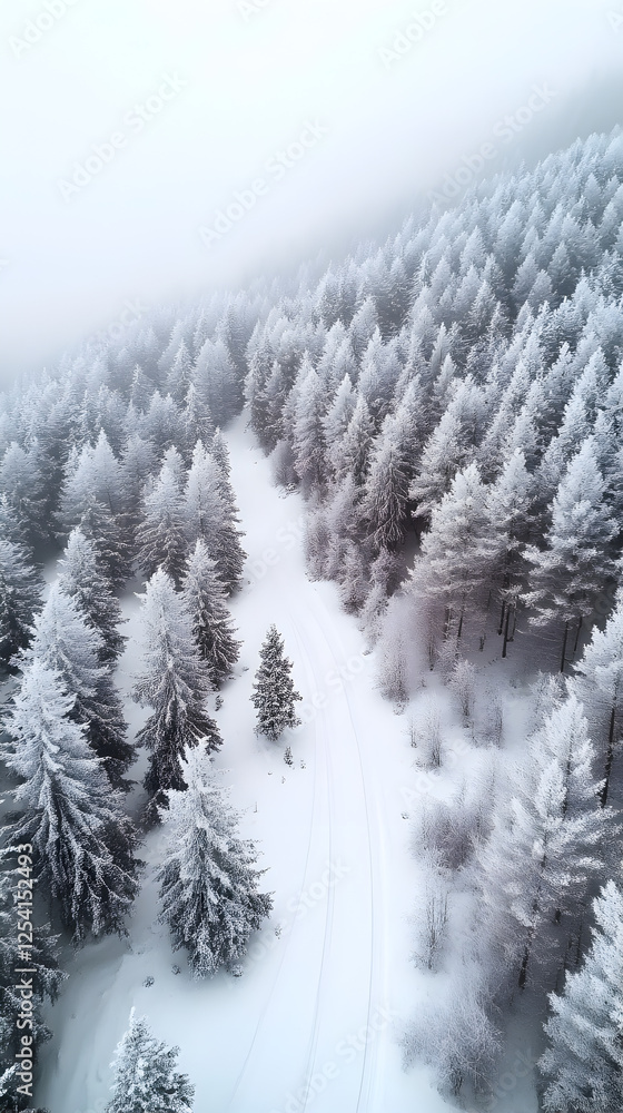 Winter Wonderland: Snow-Covered Forest Pathway through Tranquil Pine Trees in a Picturesque Mountain Landscape Winter Wonderland: Snow-Covered Forest Pathway through Tranquil Pine Trees in a Picturesque Mountain Landscape