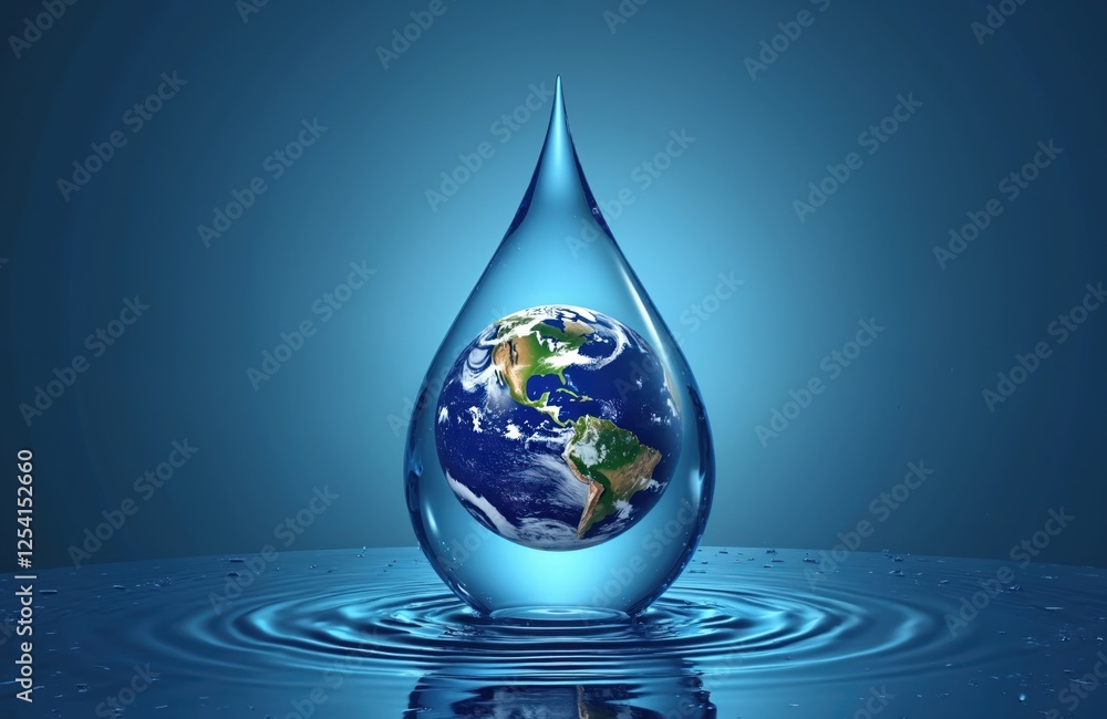 Obraz premium World Water Day illustration. Drop of water with planet Earth inside. Save water concept. Ecology, environment protection, fresh clean water sources. Global awareness campaign banner.