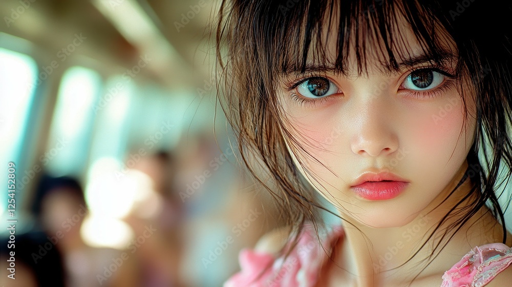 A woman with long brown hair and a pink dress is looking at the camera. She has a pinkish tint to her face and is wearing makeup A woman with long brown hair and a pink dress is looking at the camera. She has a pinkish tint to her face and is wearing makeup