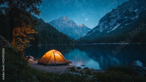 A tent by a remote lake, with no one around, surrounded by mountains and forests under a starry night sky. photo