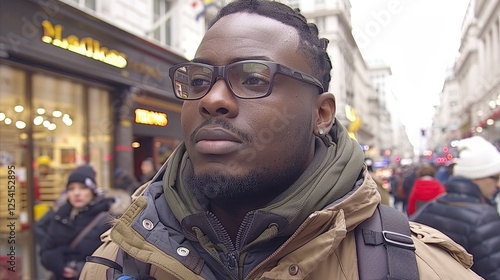 A man with glasses and a beard stands in front of a Marks & Spencer store. He is wearing a brown coat and a backpack photo