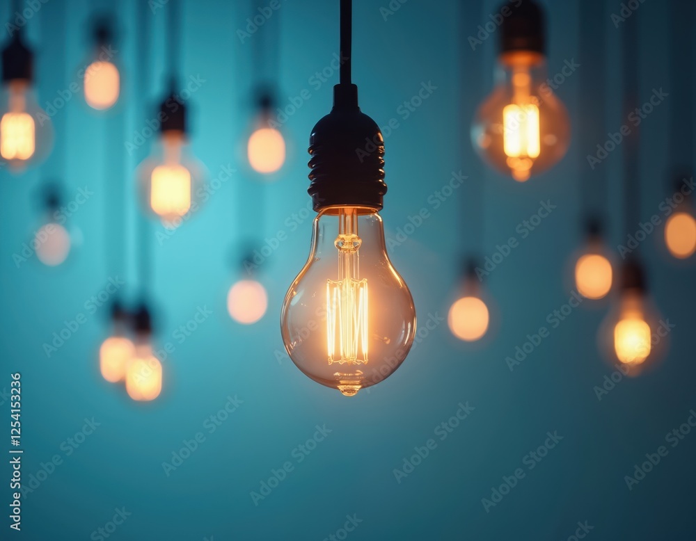 Glowing lightbulb shines on blurred blue background with out-of-focus bulbs. Tungsten filament illuminates. Concept of inspiration, idea, creativity, thinking. Modern abstract minimal trendy design.