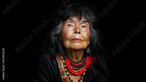 A woman with long black hair and a red necklace. She is wearing a black dress. The image has a mood of elegance and sophistication photo