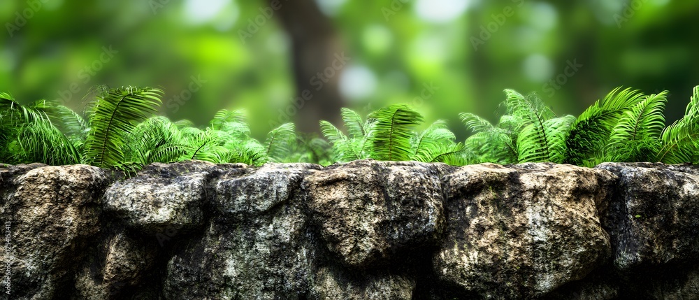 Lush Greenery on Stone Wall Nature Background Lush Greenery on Stone Wall Nature Background