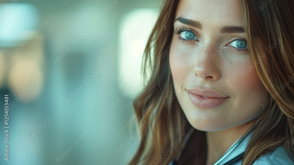 A woman with long brown hair and blue eyes is smiling. She is wearing a black jacket and a white shirt A woman with long brown hair and blue eyes is smiling. She is wearing a black jacket and a white shirt