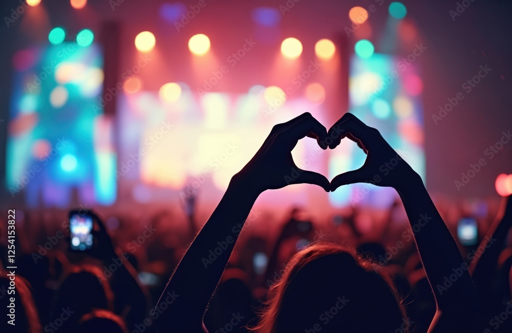 Silhouettes of crowd at concert raising hands in heart shape. Summer music festival lights. Active audience enjoys live performance. Stage lights in background. Silhouettes of crowd at concert raising hands in heart shape. Summer music festival lights. Active audience enjoys live performance. Stage lights in background.