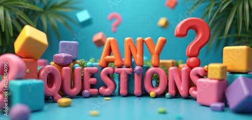 3D render of colorful cubes with question marks and Any Questions text. Blue background business banner design is good for presentation or client support. Colorful help concept.