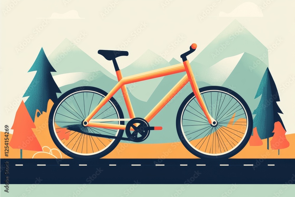 Fototapeta premium Orange bicycle parked on a mountain road celebrating national bicycle month