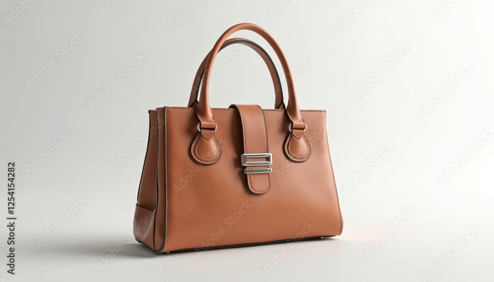 Stylish leather handbag with metal clasp isolated on white background. Fashionable brown purse, elegance accessory. Woman glamour baggage and design. Beauty product for store and clothing. Stylish leather handbag with metal clasp isolated on white background. Fashionable brown purse, elegance accessory. Woman glamour baggage and design. Beauty product for store and clothing.