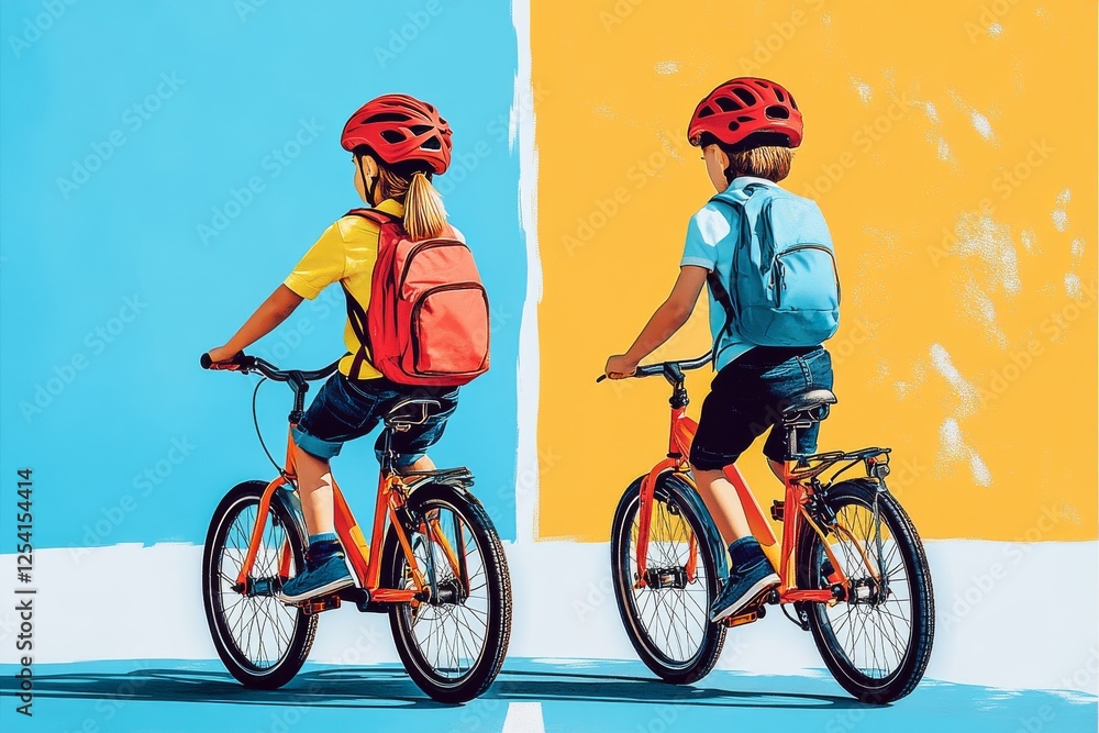 Fototapeta premium Two elementary school students riding bikes with backpacks and helmets