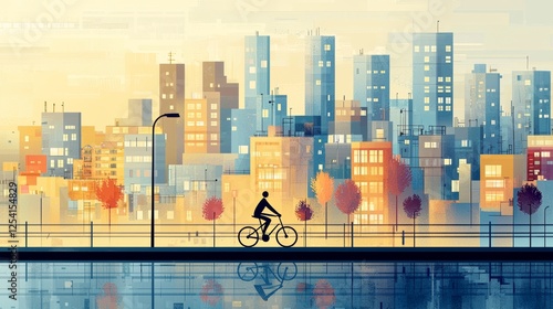 Cyclist riding along city waterfront during national bicycle month