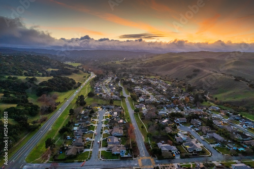 An aerial panoramic view of Salinas California at sunset