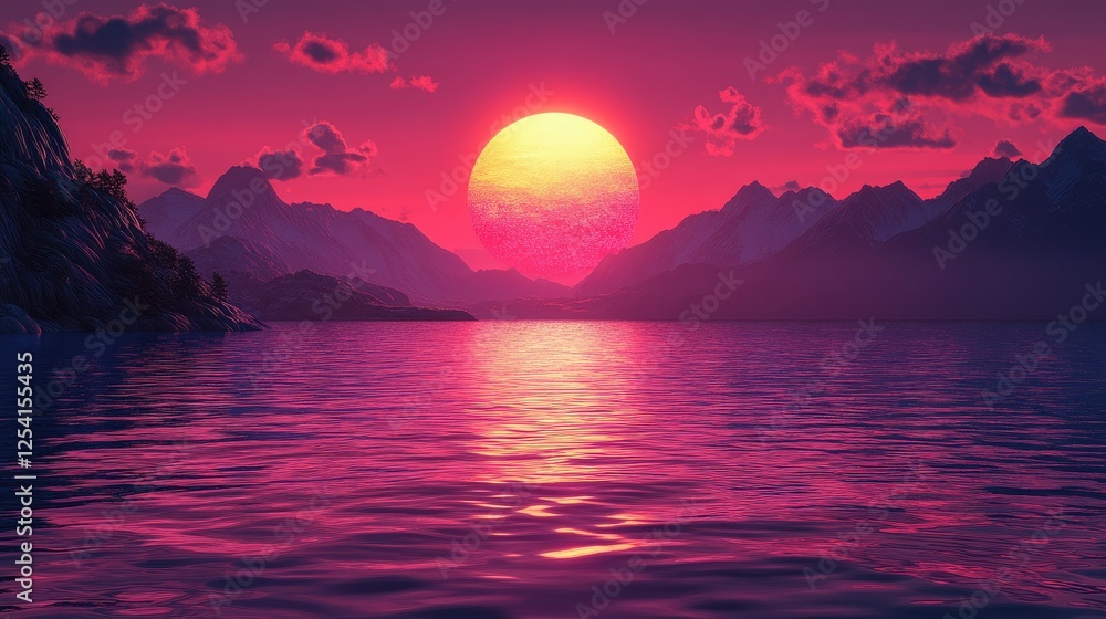 A vibrant sunset over a serene lake, surrounded by majestic mountains and colorful skies. A vibrant sunset over a serene lake, surrounded by majestic mountains and colorful skies.
