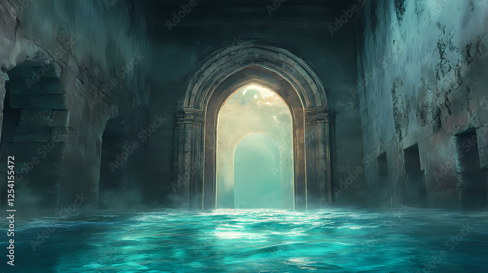 An ancient temple, swallowed by the sea, its stone archway a gateway to a forgotten world, bathed in ethereal sunlight filtering through the turquoise depths. Underwater Temples. Illustration An ancient temple, swallowed by the sea, its stone archway a gateway to a forgotten world, bathed in ethereal sunlight filtering through the turquoise depths. Underwater Temples. Illustration