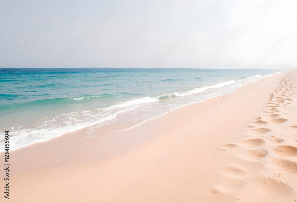 Fototapeta premium Sandy Beach with Turquoise Ocean Waves and Footprints in Coastal Landscape