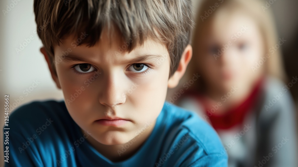 A young boy with an upset expression, wearing a blue shirt, appears disturbed. A blurred figure is in the background suggesting conflict. A young boy with an upset expression, wearing a blue shirt, appears disturbed. A blurred figure is in the background suggesting conflict.