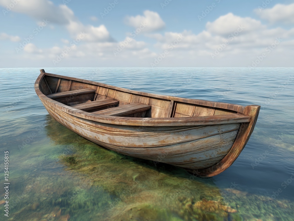 Rustic wooden rowboat adrift in shallow, clear water, reflecting the blue sky with scattered clouds. Tranquil nautical scene. Rustic wooden rowboat adrift in shallow, clear water, reflecting the blue sky with scattered clouds. Tranquil nautical scene.