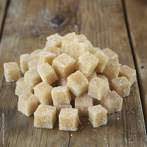 Closeup of Sweet Brown Sugar Cubes on Wooden Surface photo