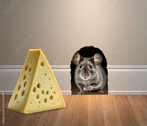 Mouse coming out of a home cave to eat a piece of cheese.
