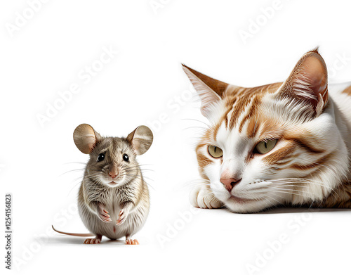 Cat looking a scared mouse on white background.