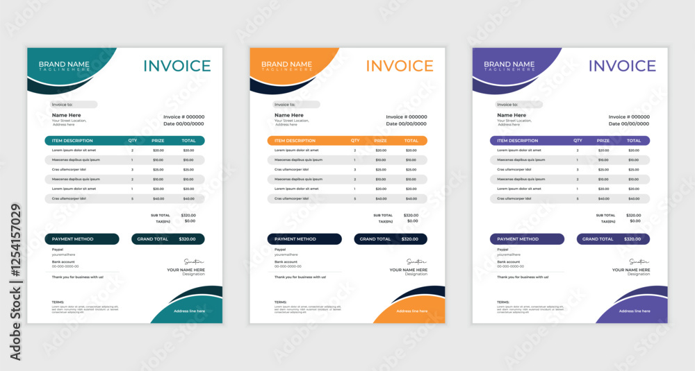 Fototapeta premium cleam creative business invoice design with various colour skim | Printable invoice design template