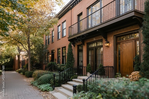 classic row of brick townhouses with intricate iron railings, large windows, and wooden doors, set along a picturesque tree-lined street in autumn