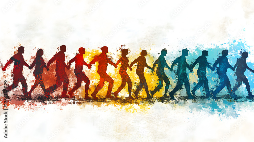 Obraz premium Diverse Silhouettes: Community Unity in Motion - Colorful Abstract Art Illustration of People, Creativity and Harmony