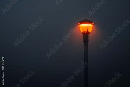 Street lamp on pole, black background, foggy night, orange light from top, minimalist style, low angle, wide-angle lens, shallow depth of field, dark cinematic mood.