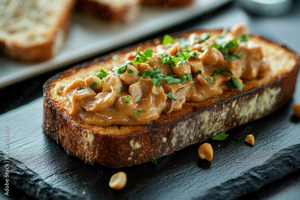 Piece of bread spread with peanut sauce on a plate with crumbs, knife, and jar in the background. Piece of bread spread with peanut sauce on a plate with crumbs, knife, and jar in the background.
