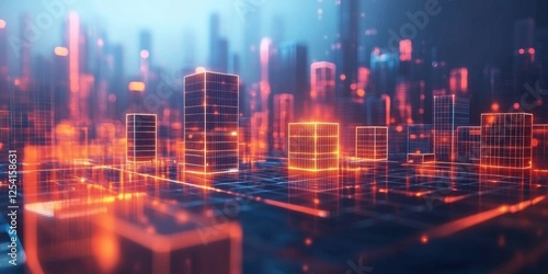 Futuristic city glowing digital skyline, network background