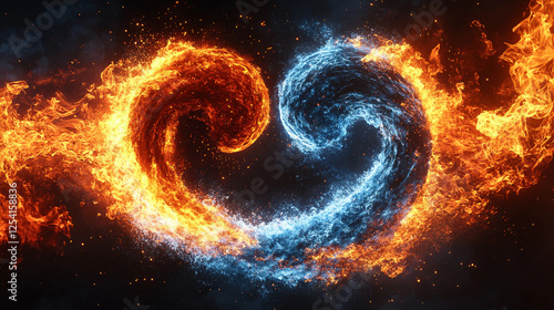 Simple yin-yang symbol made of waves and flames, dynamic contrast, clean vector art for t-shirt print photo