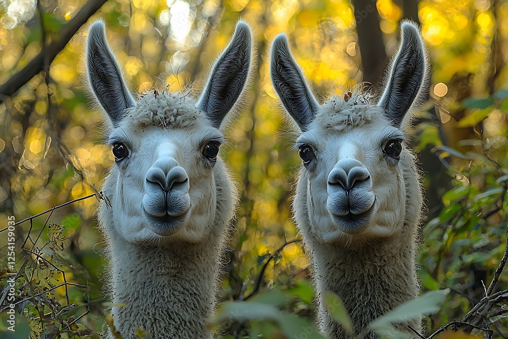 Obraz premium Two llamas in their natural habitat, making amusing faces amidst the trees, captured in a humorous and unexpected wildlife scene.