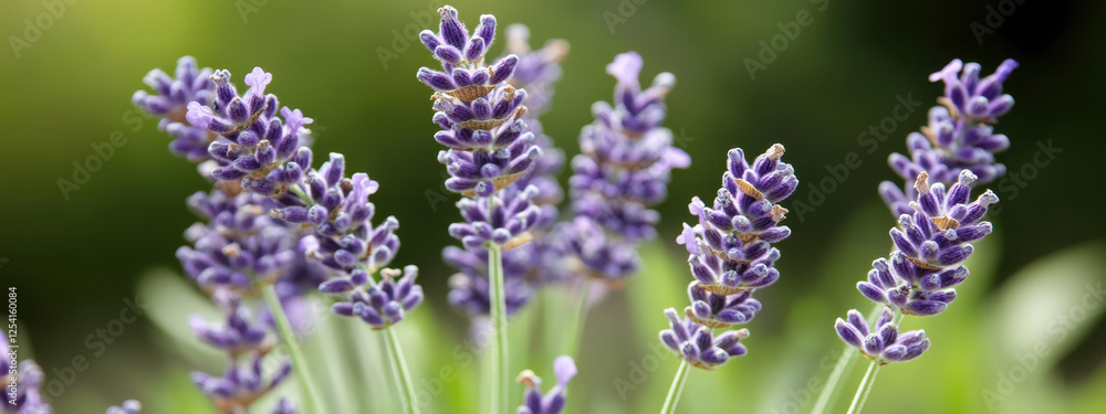 Obraz premium Close-up of vibrant purple lavender flowers in bloom against a blurred green background, creating a serene and tranquil atmosphere.