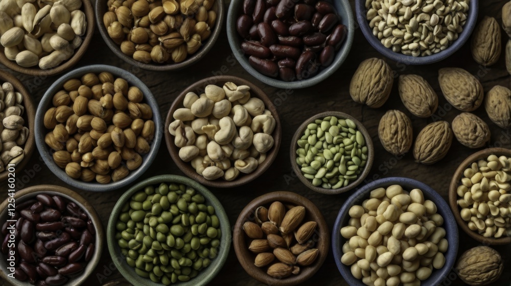 Assortment of Legumes and Nuts in Bowls on Rustic Wooden Table, Featuring Chickpeas, Kidney Beans, Mung Beans, Black Beans, Lentils, Peanuts, Almonds, Walnuts, and Cashews, Warm and Earthy Tone, Gener Assortment of Legumes and Nuts in Bowls on Rustic Wooden Table, Featuring Chickpeas, Kidney Beans, Mung Beans, Black Beans, Lentils, Peanuts, Almonds, Walnuts, and Cashews, Warm and Earthy Tone, Gener
