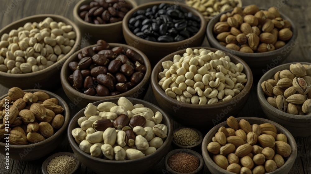 Naklejka premium Assortment of Legumes and Nuts in Bowls on Rustic Wooden Table, Featuring Chickpeas, Kidney Beans, Mung Beans, Black Beans, Lentils, Peanuts, Almonds, Walnuts, and Cashews, Warm and Earthy Tone, Gener