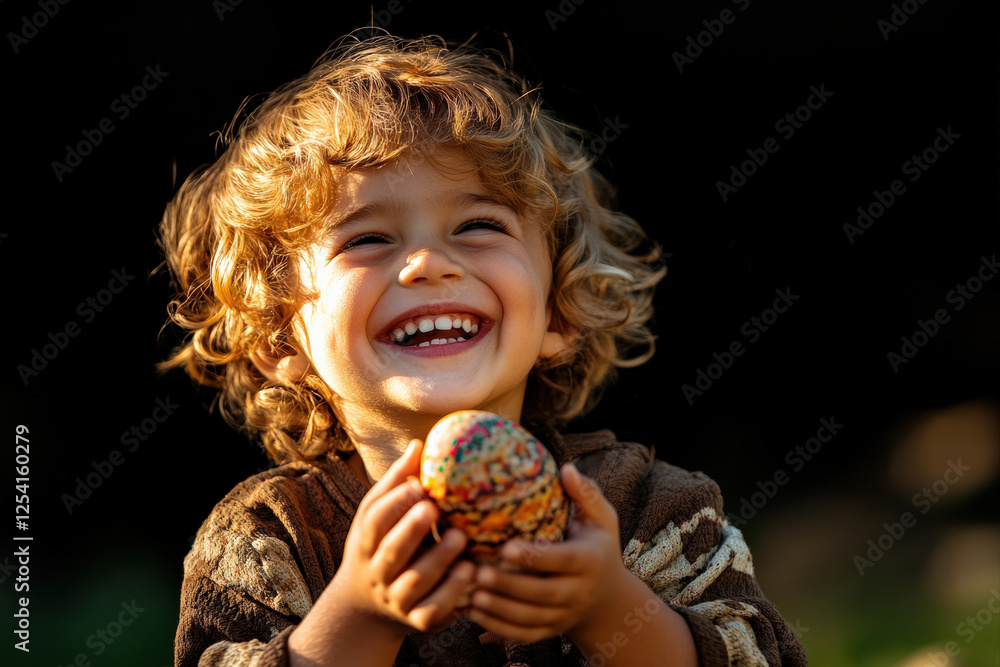 Naklejka premium Joyful Child Holding Easter Egg
