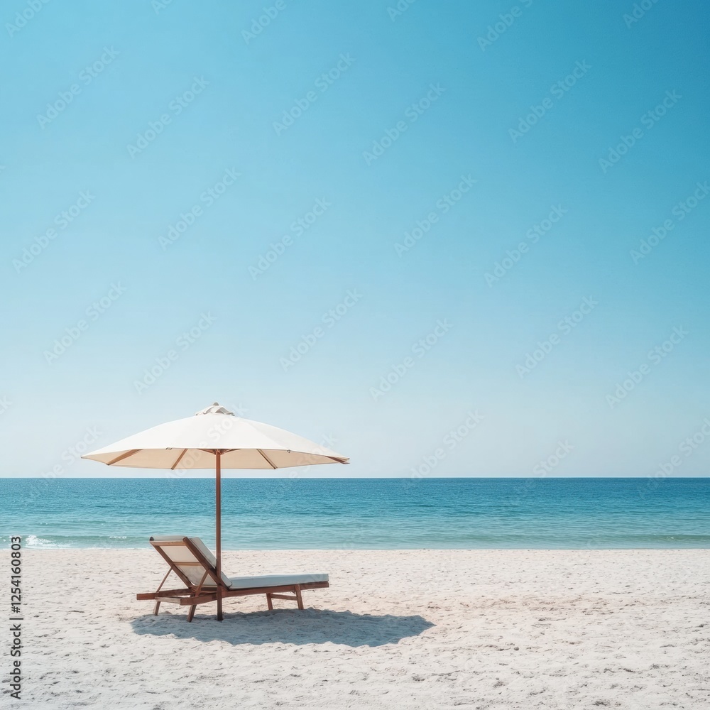 Relaxing lounge chair and umbrella on a quiet beach with gentle ocean waves under a clear blue sky. Generative AI Relaxing lounge chair and umbrella on a quiet beach with gentle ocean waves under a clear blue sky. Generative AI