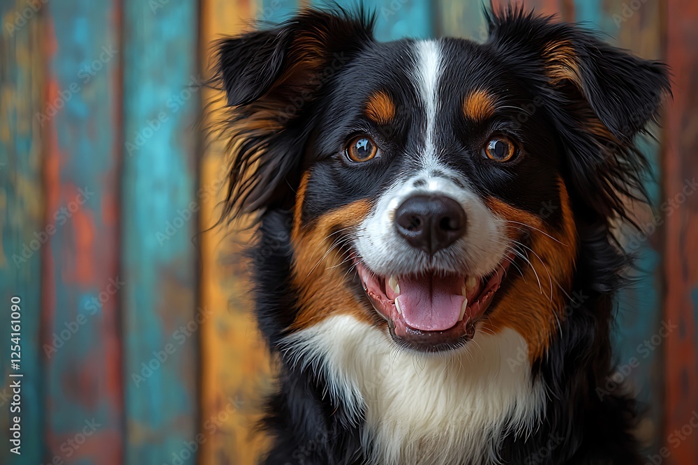 Fototapeta premium Happy dog with a cheeky wink, smiling broadly on a colorful blue background, its expression full and playfulness.
