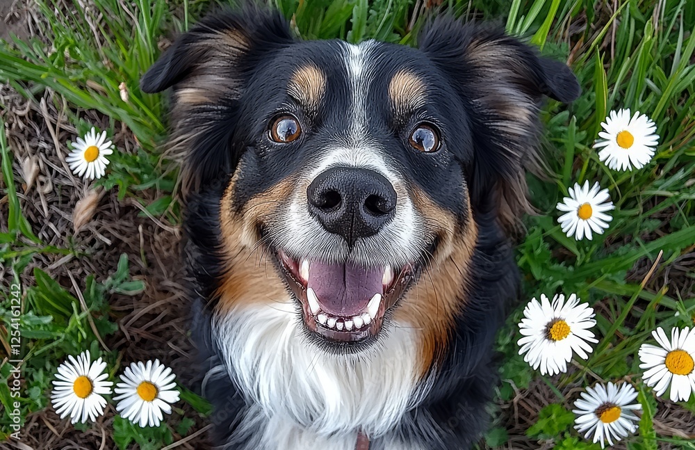 A cheerful Australian Shepherd Tricolor with camomiles in the field, where the pet is basking in happiness and admiration A cheerful Australian Shepherd Tricolor with camomiles in the field, where the pet is basking in happiness and admiration